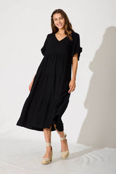 Black Linen Blend Midi Dress